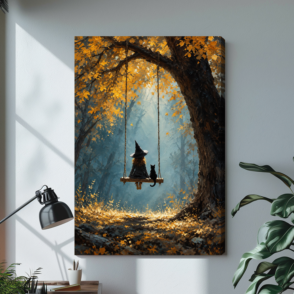 Stretched witch swing canvas artwork displayed with continuous wrapped edges and soft side shadows.