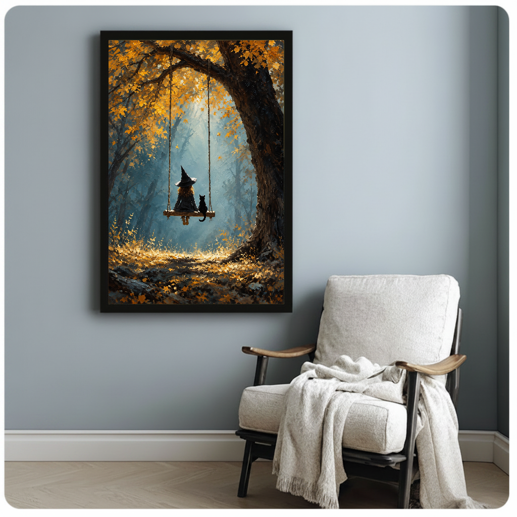 Framed witch swing canvas artwork displayed beside a reading chair with a soft blanket.
