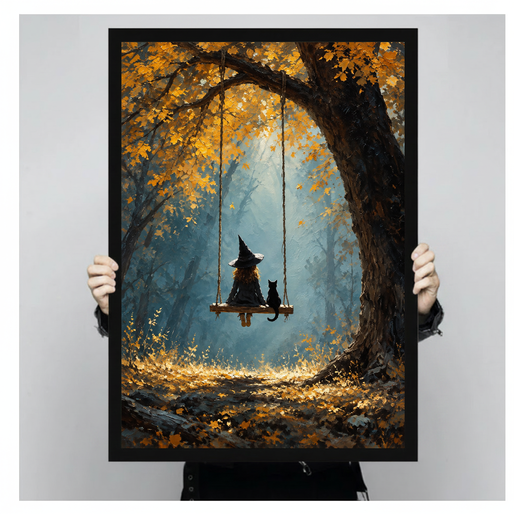 A person holds framed witch swing canvas artwork to demonstrate its portrait proportions.