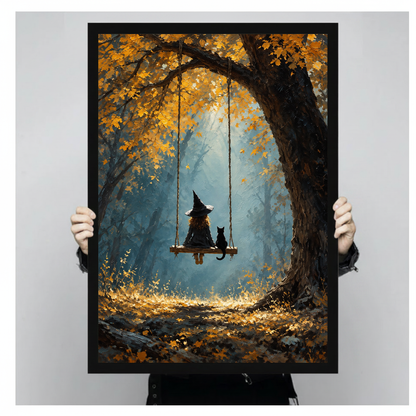 A person holds framed witch swing canvas artwork to demonstrate its portrait proportions.