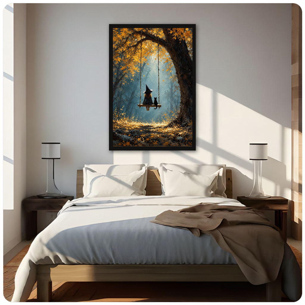 Portrait witch swing canvas artwork displayed above a bed in a softly lit bedroom.