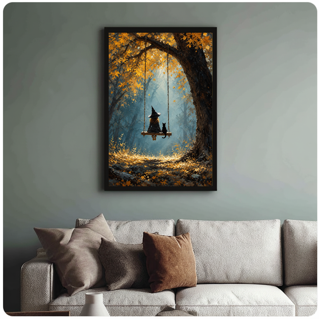 Framed witch swing wall artwork displayed above a neutral sofa with soft cushions.