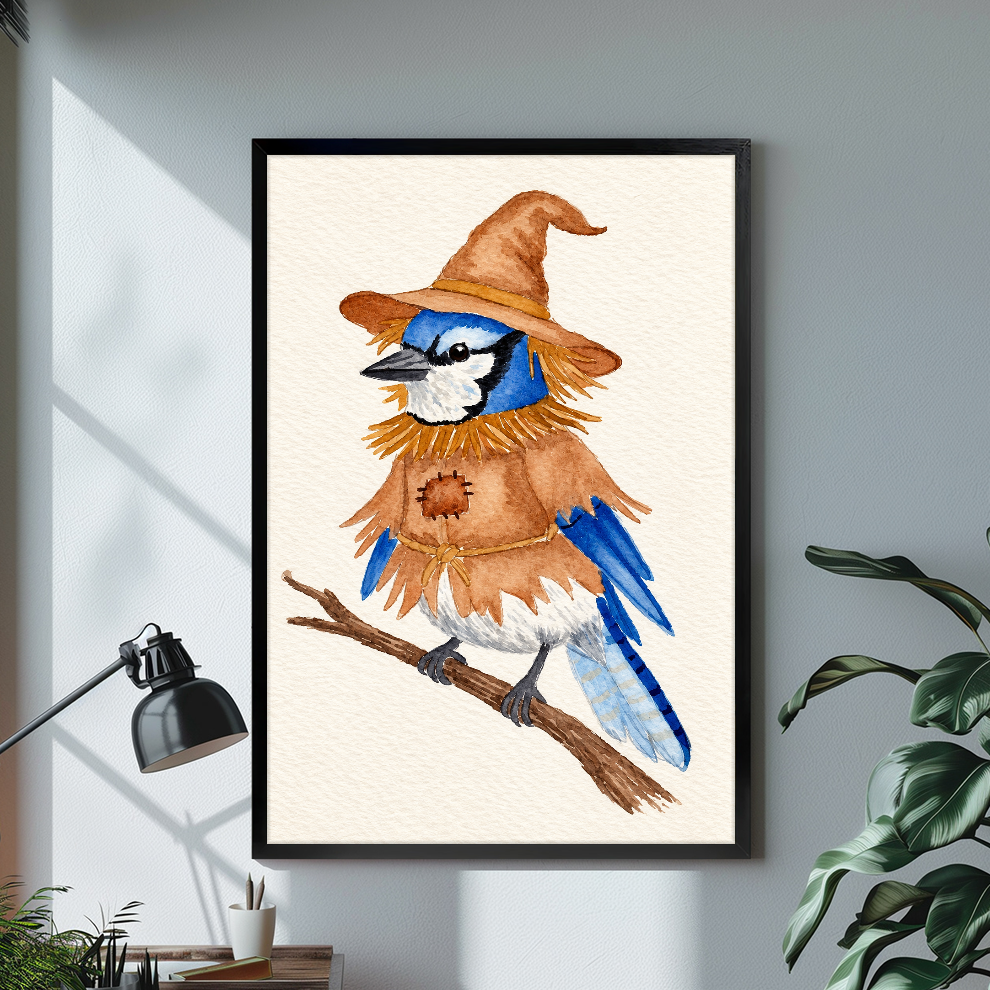 Black framed scarecrow bird canvas artwork displayed in a neutral interior with visible frame depth.