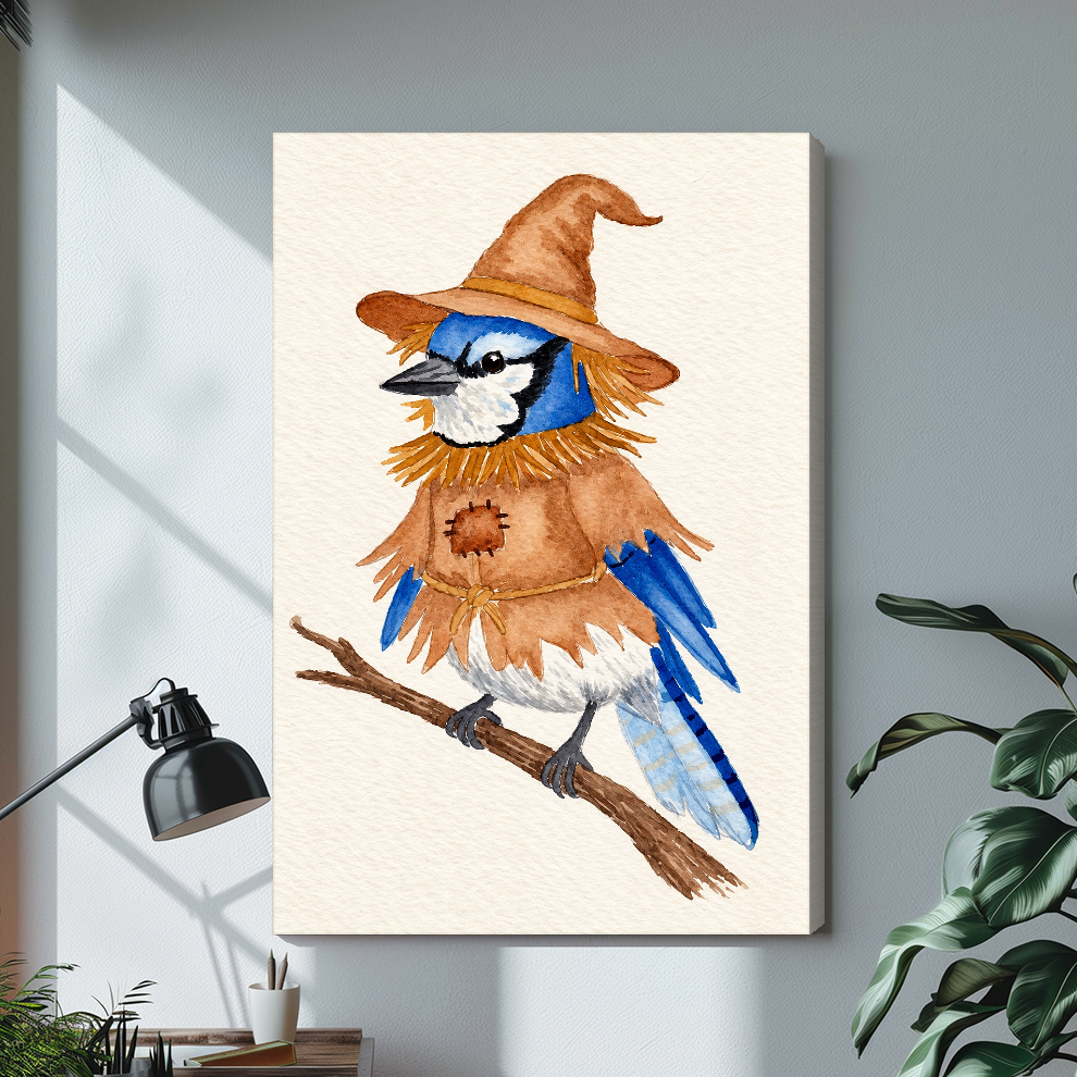 Stretched scarecrow bird canvas artwork displayed with continuous wrapped edges and soft side shadows.