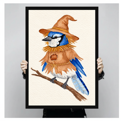 A person holds framed scarecrow bird canvas artwork to demonstrate its portrait proportions.