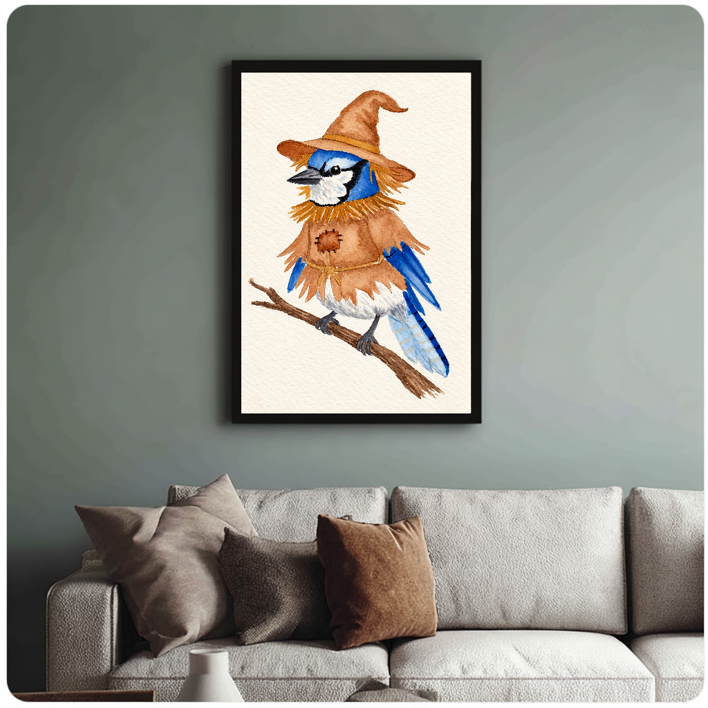 Framed scarecrow bird wall artwork displayed above a neutral sofa with soft cushions.