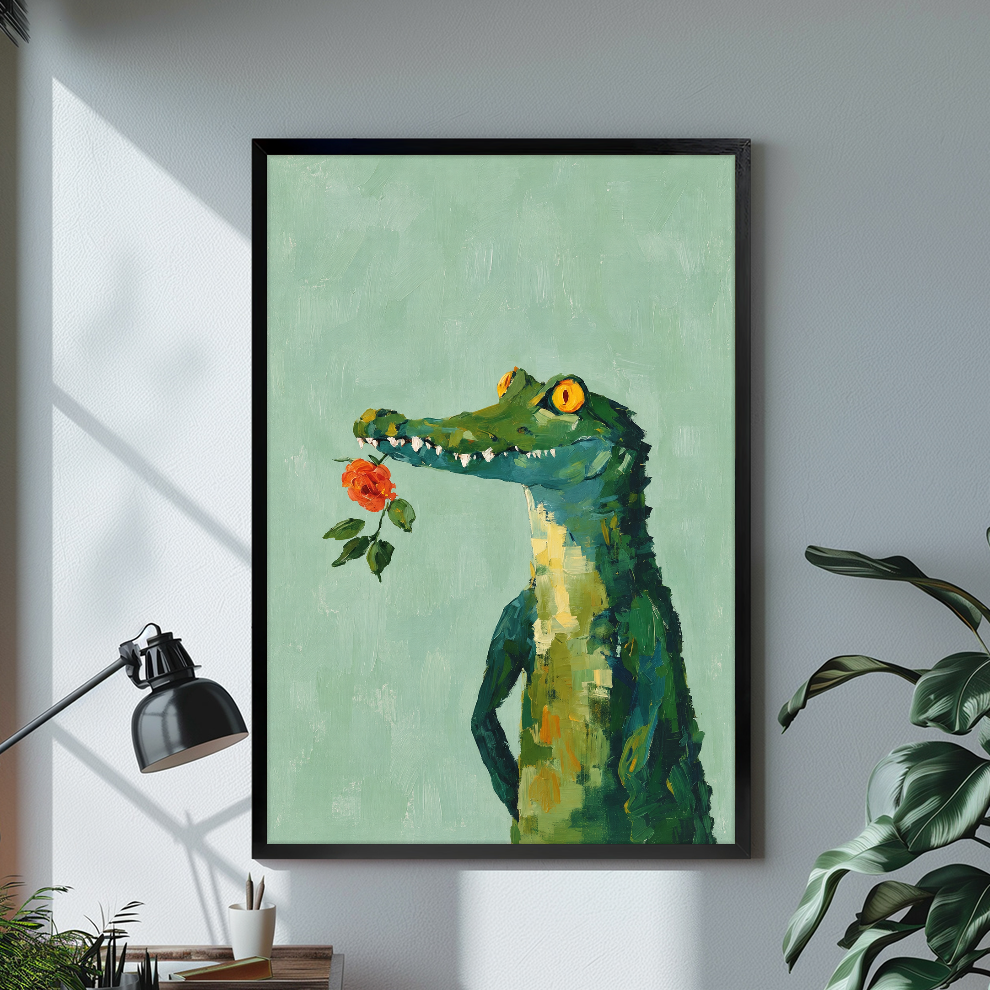 Black framed rose crocodile canvas artwork displayed in a neutral interior with visible frame depth.