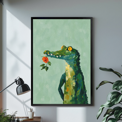 Black framed rose crocodile canvas artwork displayed in a neutral interior with visible frame depth.