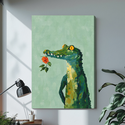 Stretched rose crocodile canvas artwork displayed with continuous wrapped edges and soft side shadows.