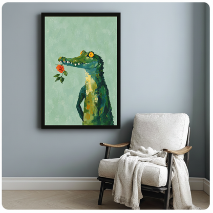 Framed rose crocodile canvas artwork displayed beside a reading chair with a soft blanket.