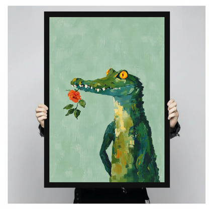 A person holds framed rose crocodile canvas artwork to demonstrate its portrait proportions.