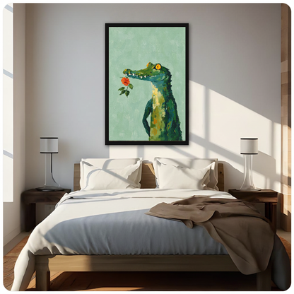 Portrait rose crocodile canvas artwork displayed above a bed in a softly lit bedroom.