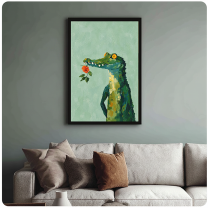 Framed rose crocodile wall artwork displayed above a neutral sofa with soft cushions.