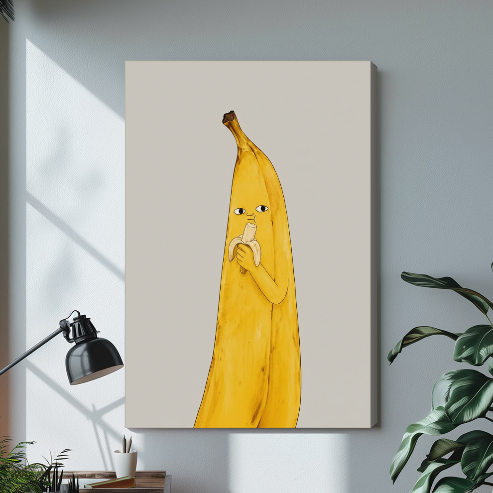 Stretched banana character canvas artwork displayed with continuous wrapped edges and soft side shadows.