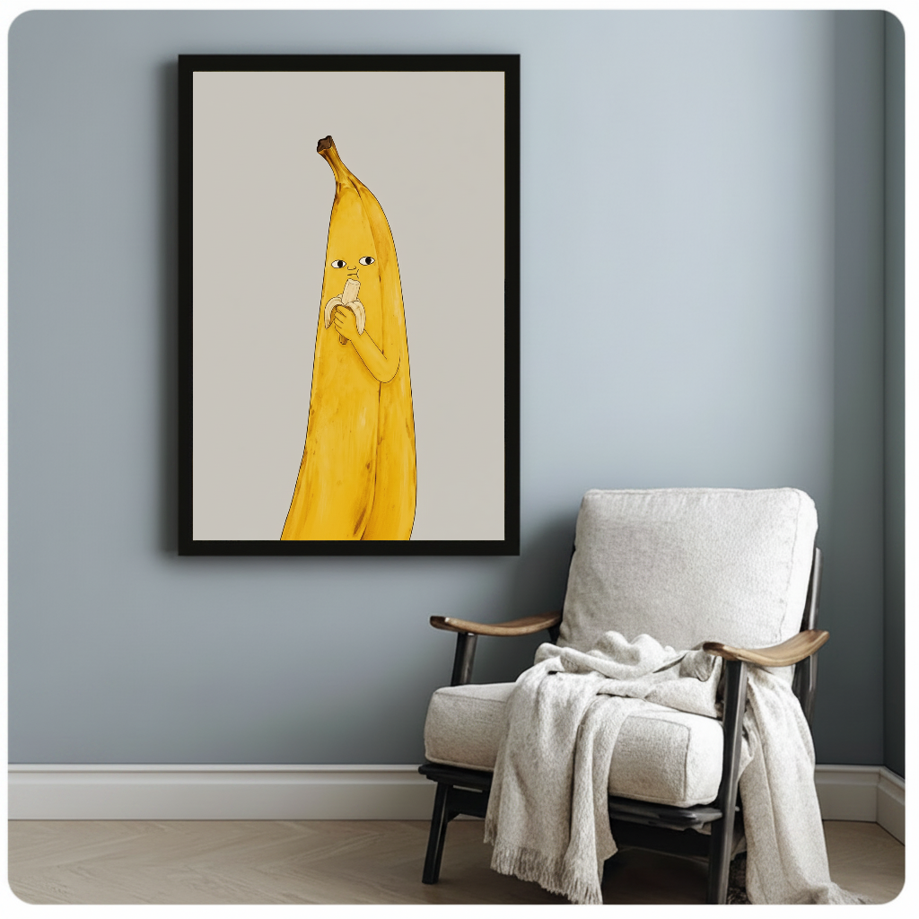 Framed banana character canvas artwork displayed beside a reading chair with a soft blanket.