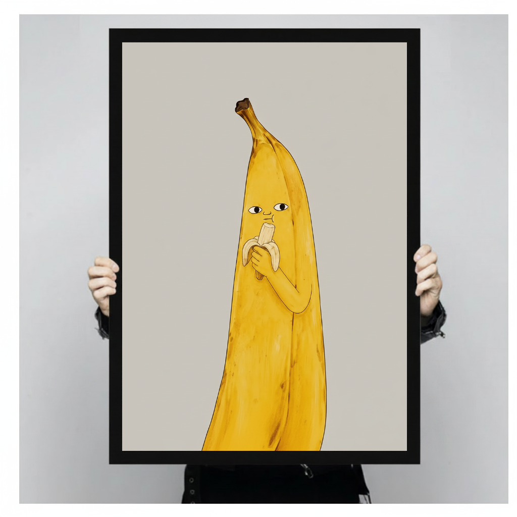 A person holds framed banana character canvas artwork to demonstrate its portrait proportions.