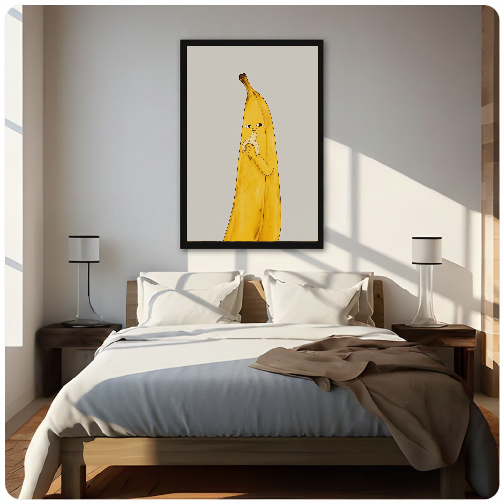 Portrait banana character canvas artwork displayed above a bed in a softly lit bedroom.