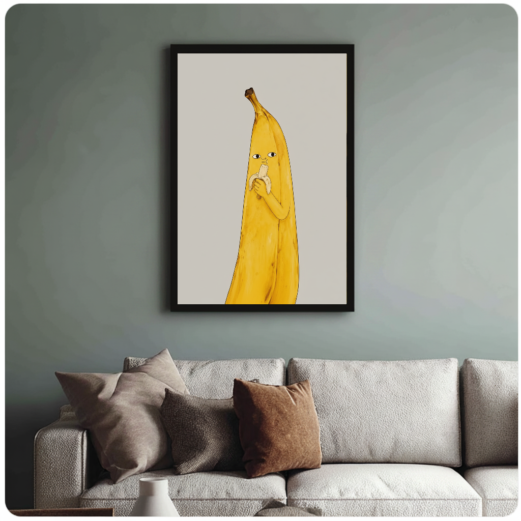 Framed banana character wall artwork displayed above a neutral sofa with soft cushions.