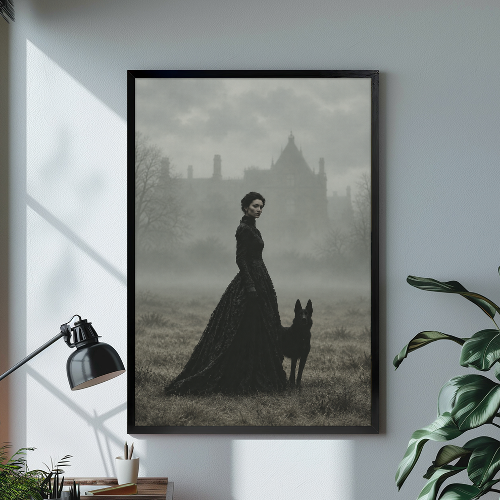 Black framed gothic portrait canvas artwork displayed in a neutral interior with visible frame depth.