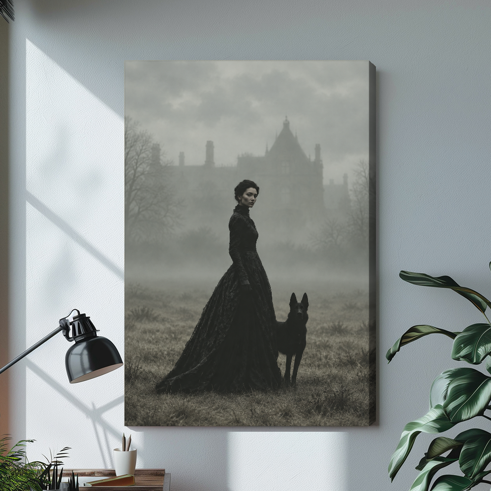 Stretched gothic portrait canvas artwork displayed with continuous wrapped edges and soft side shadows.