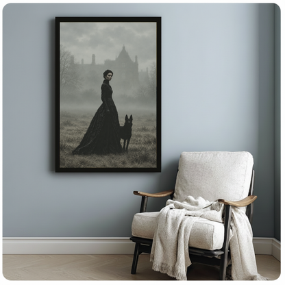 Framed gothic portrait canvas artwork displayed beside a reading chair with a soft blanket.