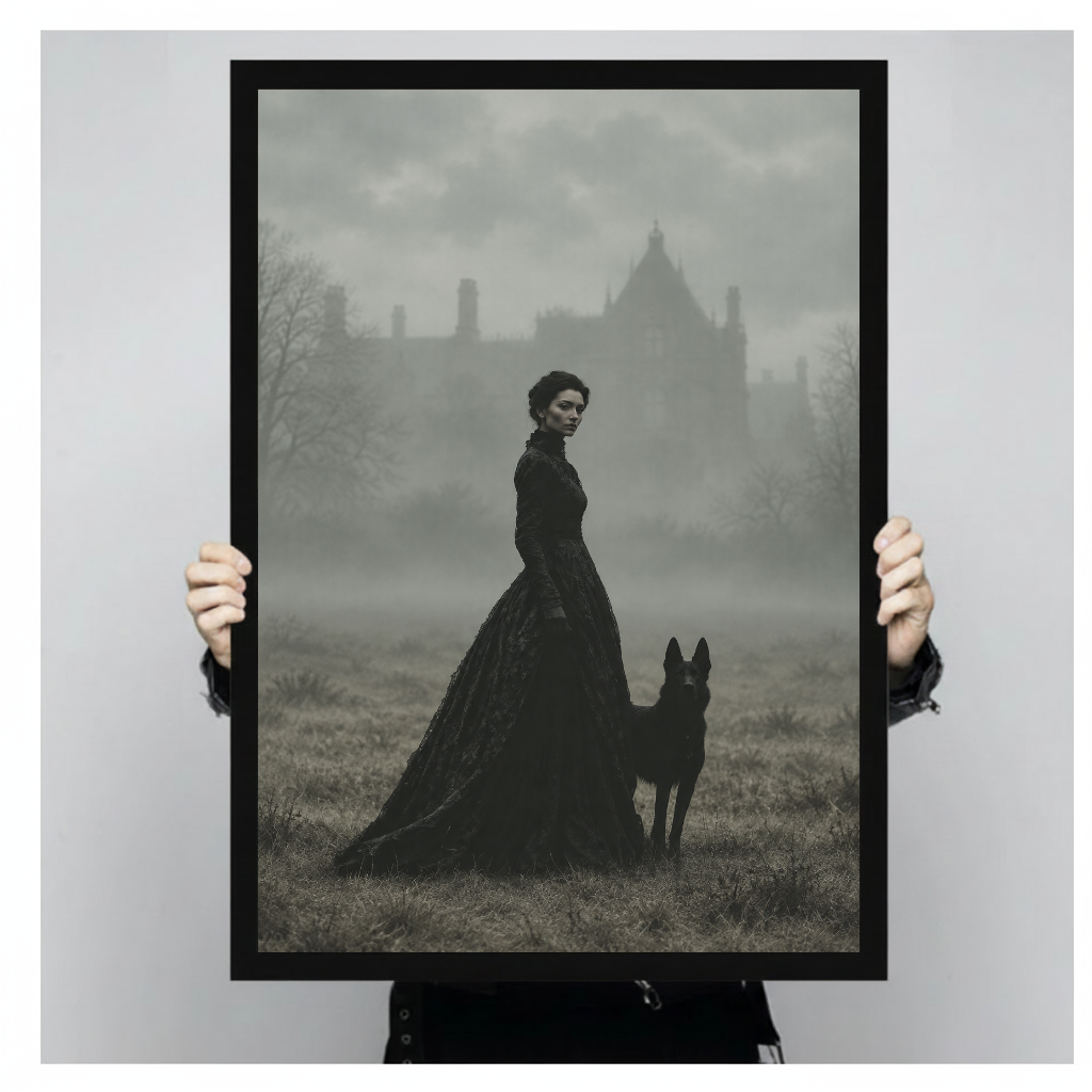 A person holds framed gothic portrait canvas artwork to demonstrate its portrait proportions.