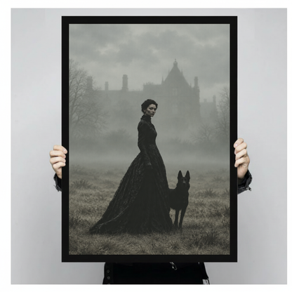 A person holds framed gothic portrait canvas artwork to demonstrate its portrait proportions.