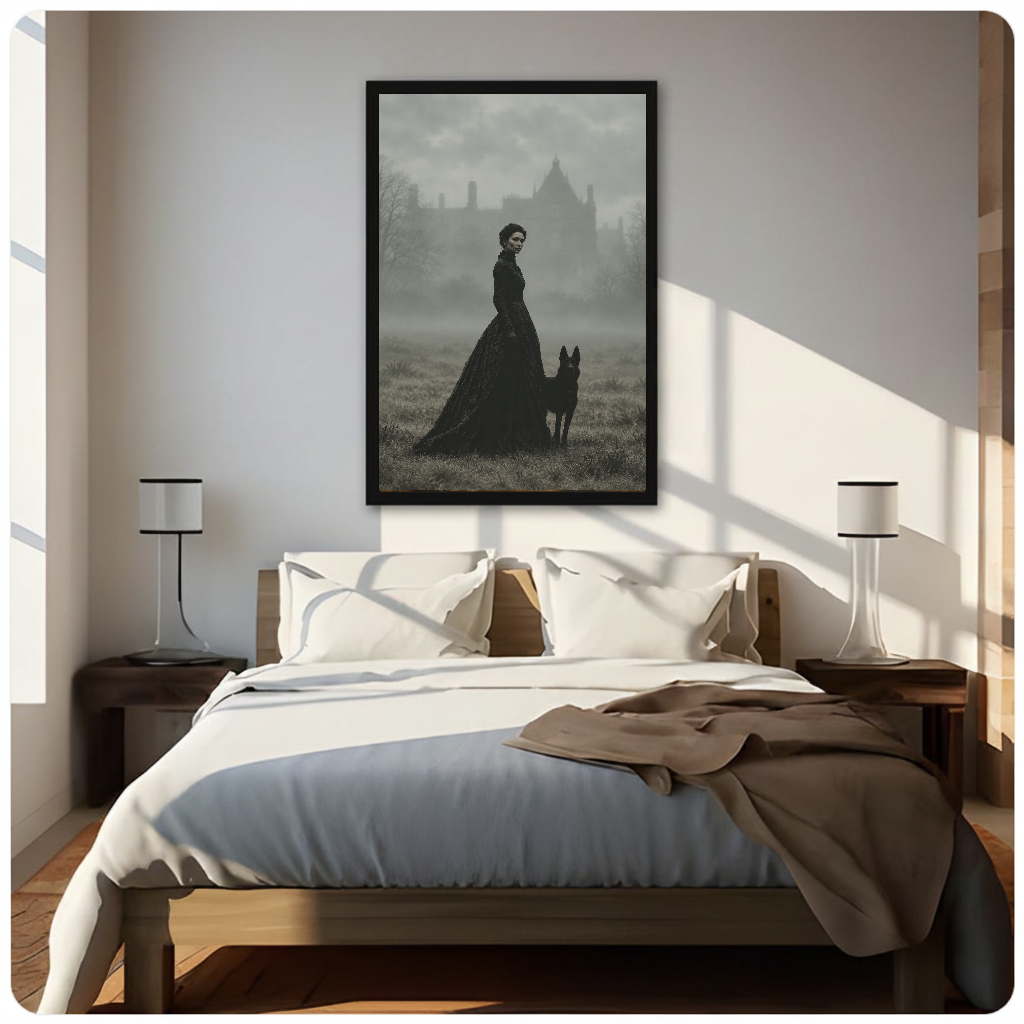 Portrait gothic portrait canvas artwork displayed above a bed in a softly lit bedroom.