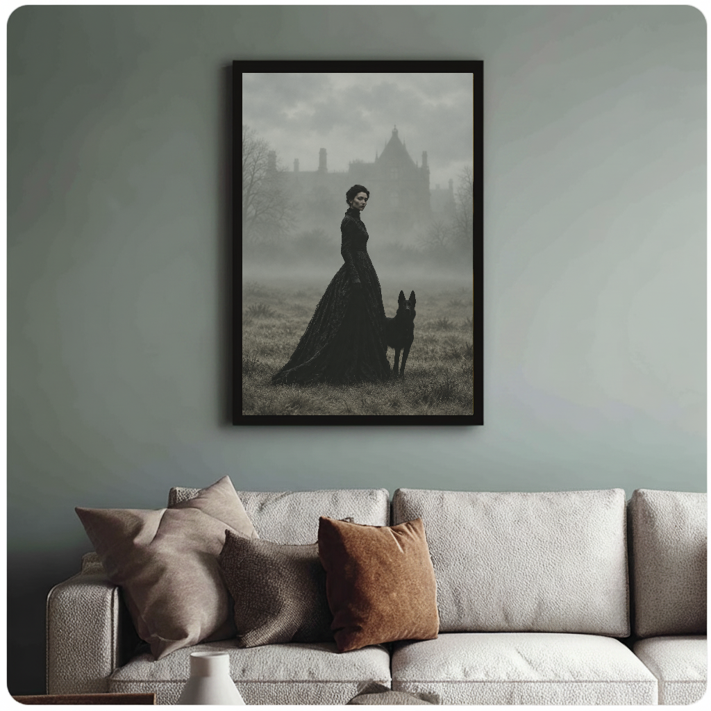 Framed gothic portrait wall artwork displayed above a neutral sofa with soft cushions.