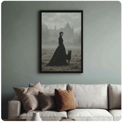 Framed gothic portrait wall artwork displayed above a neutral sofa with soft cushions.