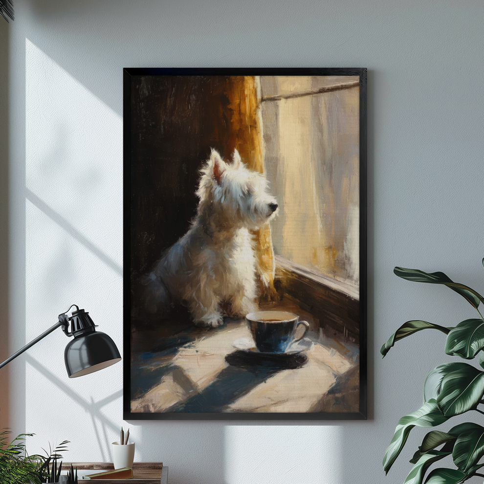 Black framed white terrier by a sunny window canvas artwork on a gray wall in a neutral room.