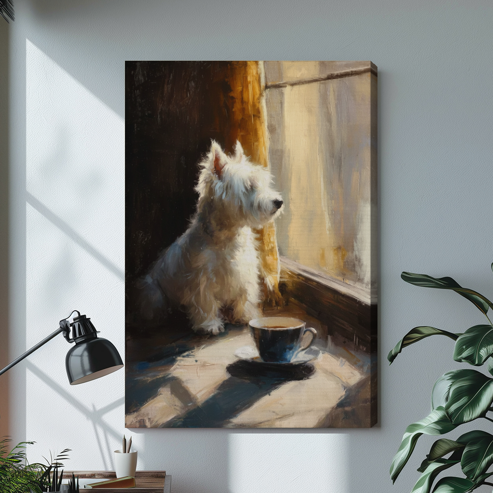 Stretched canvas white terrier by a sunny window artwork with visible side depth in a softly lit room.