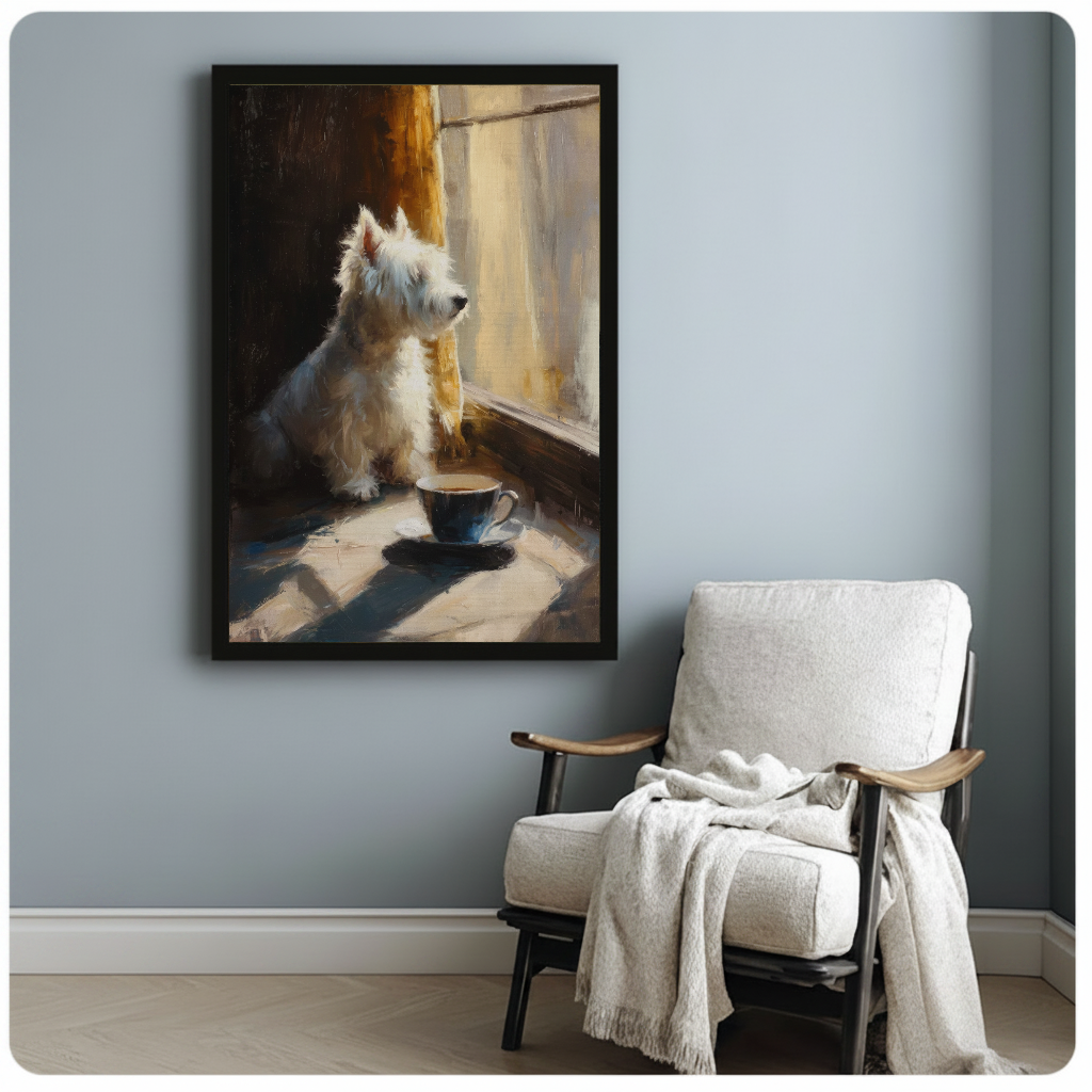 Framed white terrier by a sunny window wall art displayed beside a cozy reading chair and blanket.