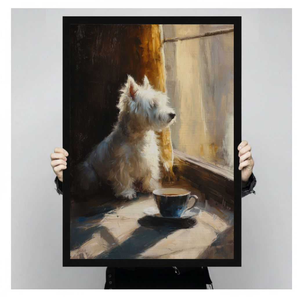 A person holds the framed white terrier by a sunny window artwork to show its portrait shape.