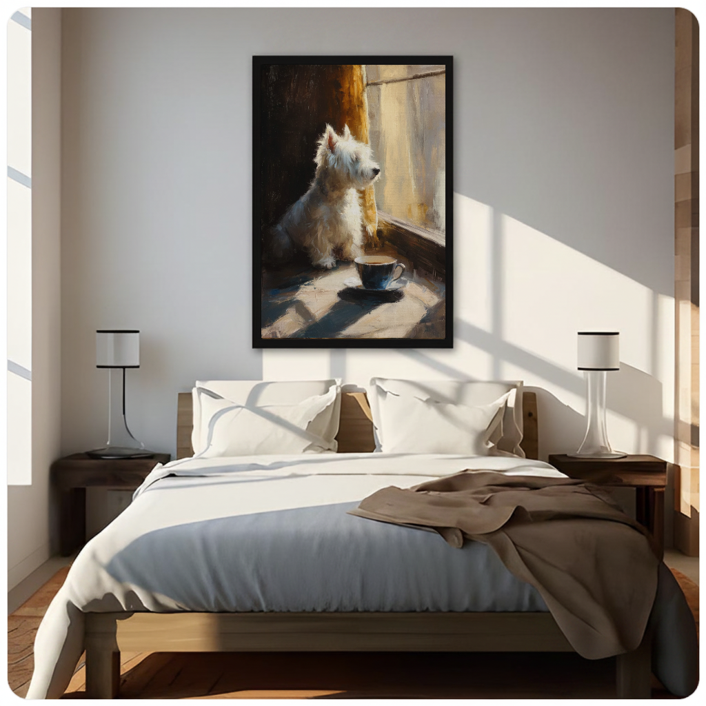 Portrait white terrier by a sunny window canvas art displayed above a bed in a softly lit bedroom.