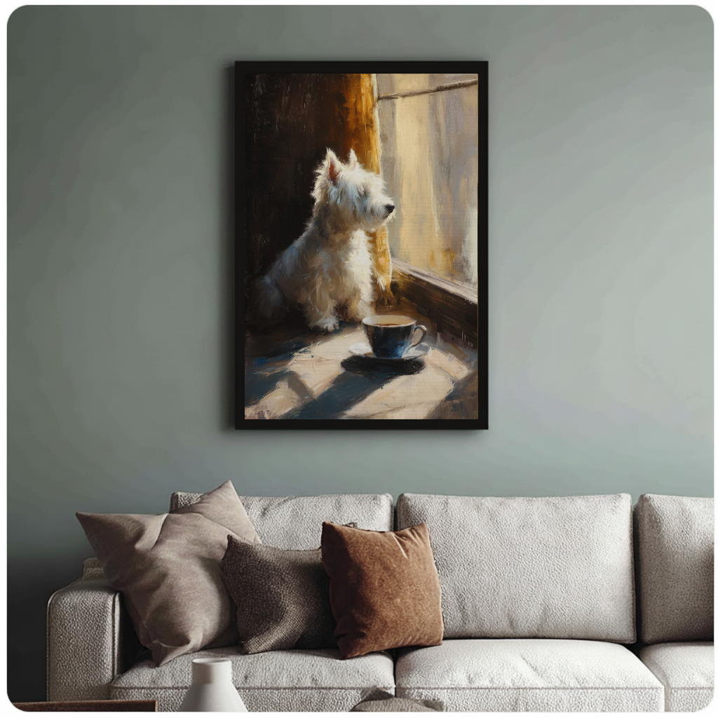 Framed white terrier by a sunny window wall art hangs above a neutral sofa with soft cushions.