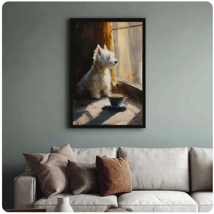 Framed white terrier by a sunny window wall art hangs above a neutral sofa with soft cushions.