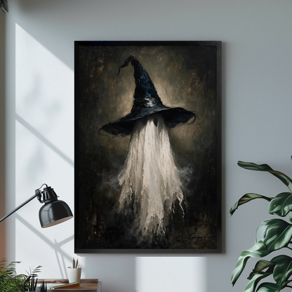 Black framed witch hat ghost canvas artwork displayed in a neutral interior with visible frame depth.