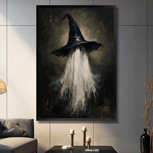 W10068 Ghost In Witch Hat Canvas Art — Framed canvas; warm gray living room