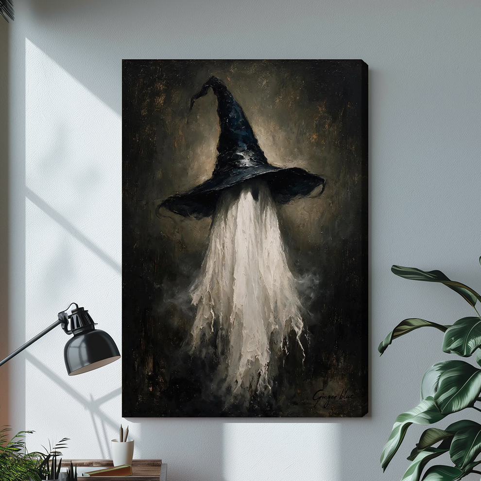 Stretched witch hat ghost canvas artwork displayed with continuous wrapped edges and soft side shadows.