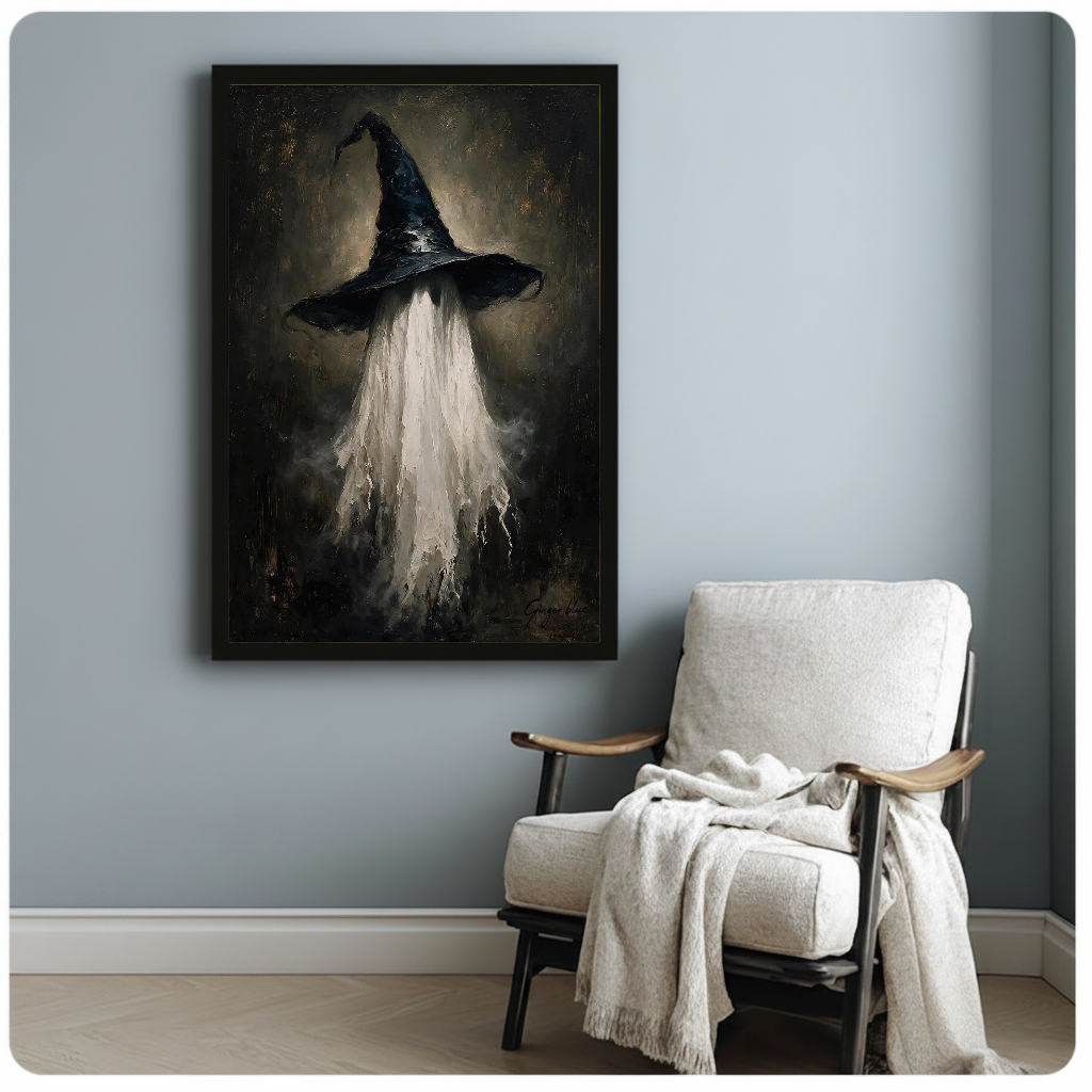 Framed witch hat ghost canvas artwork displayed beside a reading chair with a soft blanket.