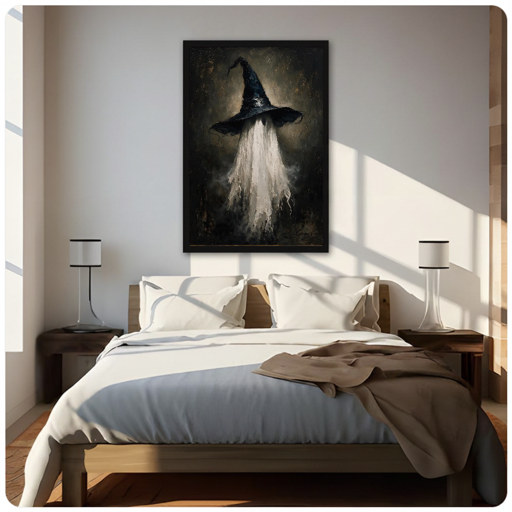 Portrait witch hat ghost canvas artwork displayed above a bed in a softly lit bedroom.