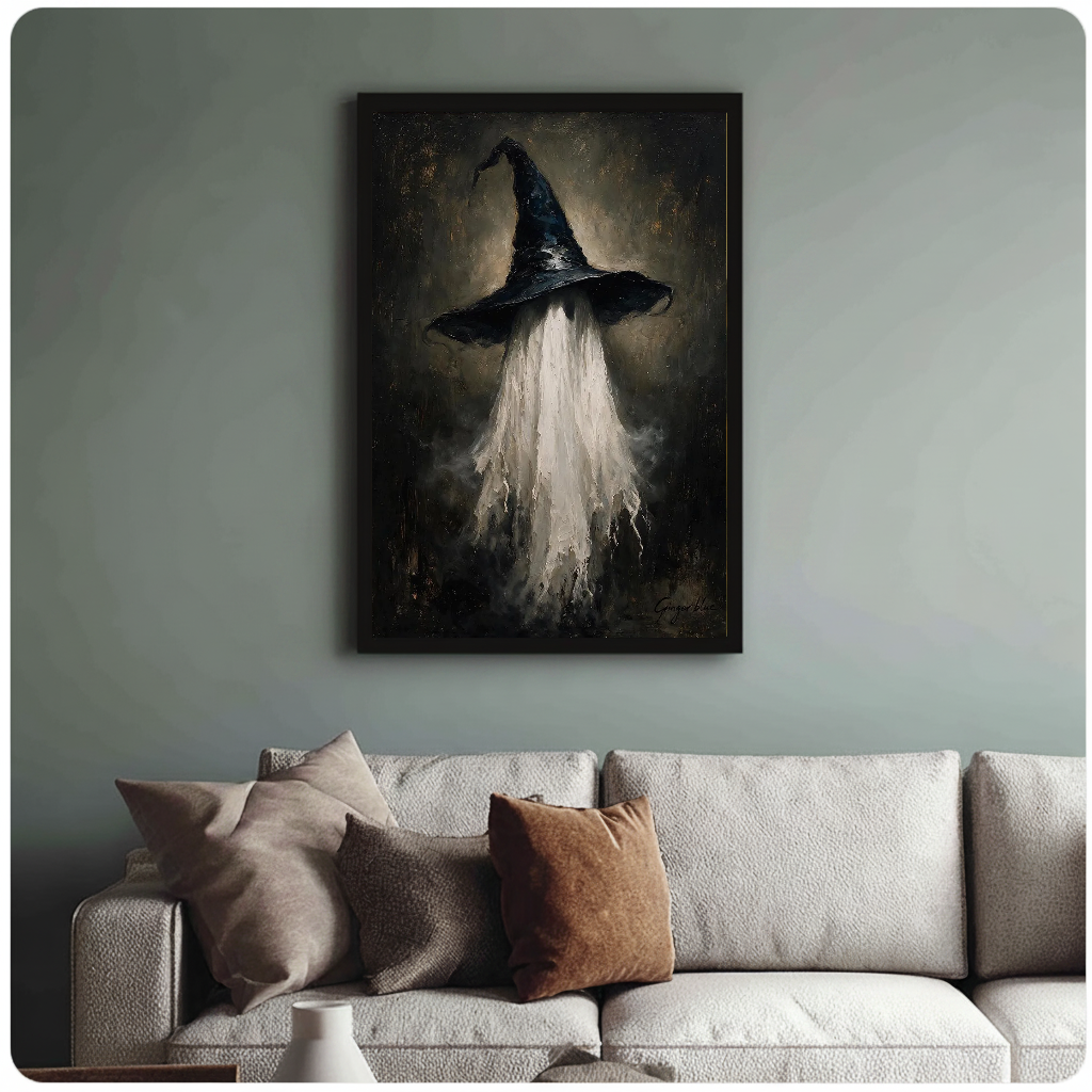 Framed witch hat ghost wall artwork displayed above a neutral sofa with soft cushions.