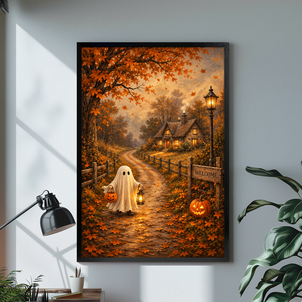 Black framed cottage ghost canvas artwork displayed in a neutral interior with visible frame depth.
