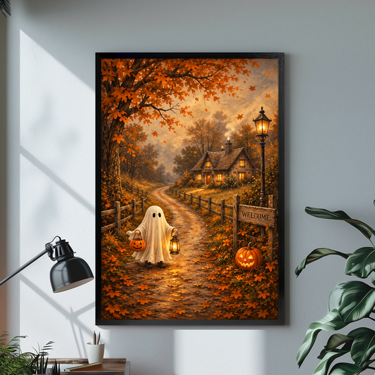 Black framed cottage ghost canvas artwork displayed in a neutral interior with visible frame depth.