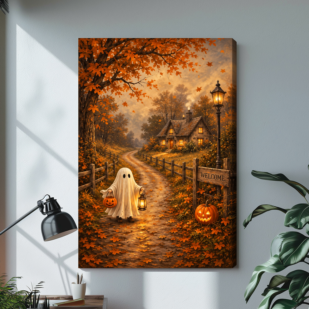 Stretched cottage ghost canvas artwork displayed with continuous wrapped edges and soft side shadows.