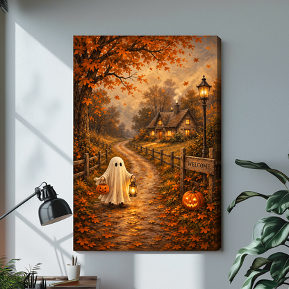 Stretched cottage ghost canvas artwork displayed with continuous wrapped edges and soft side shadows.