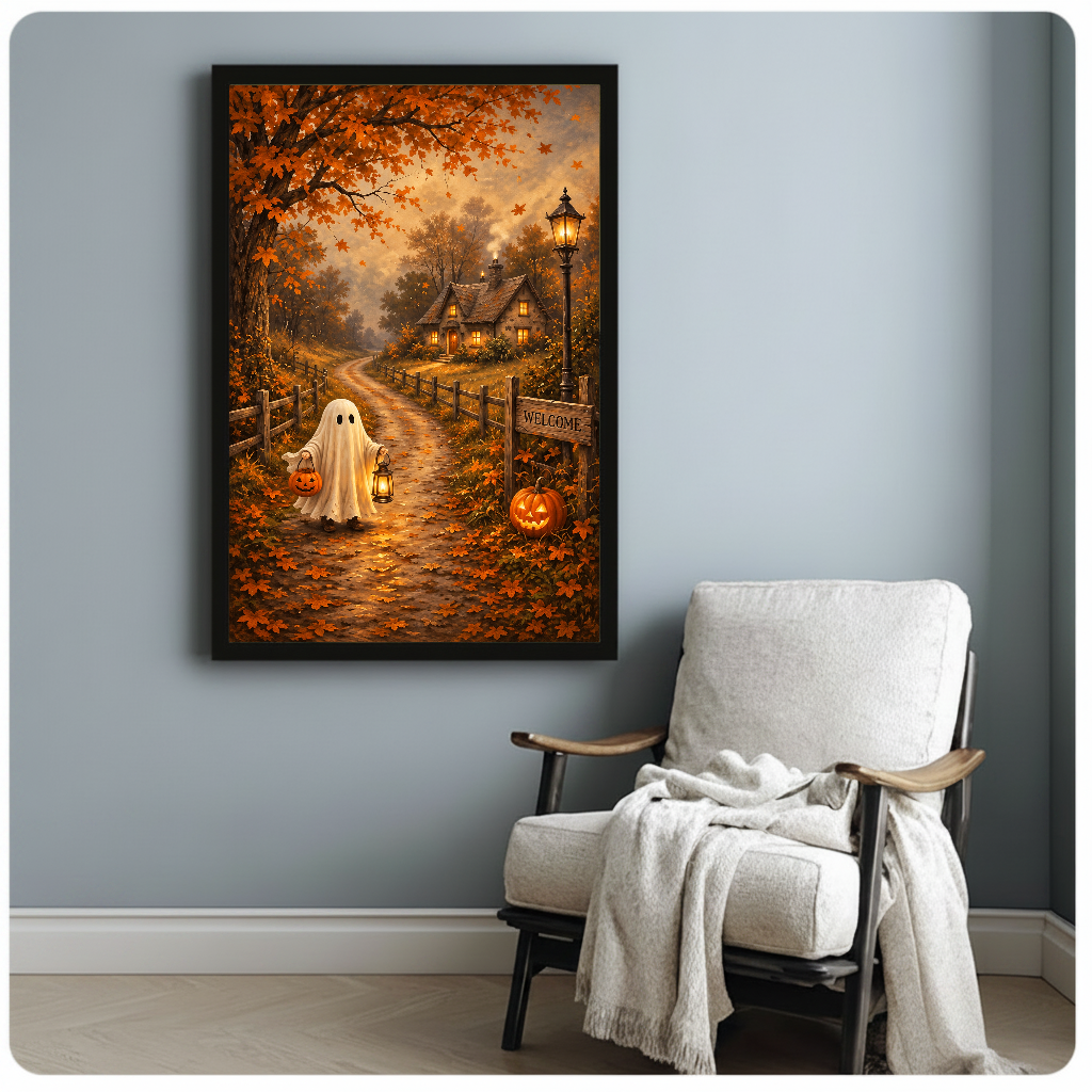 Framed cottage ghost canvas artwork displayed beside a reading chair with a soft blanket.