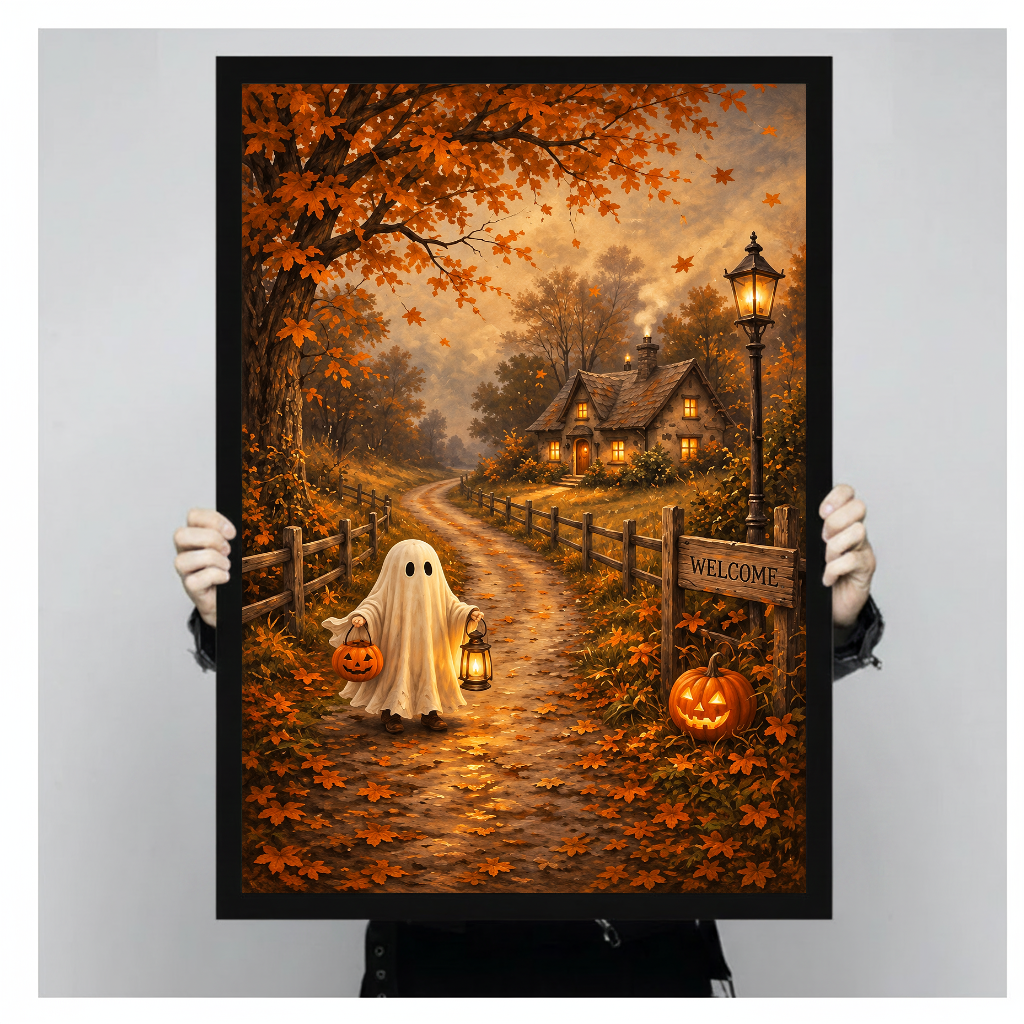 A person holds framed cottage ghost canvas artwork to demonstrate its portrait proportions.