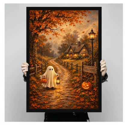 A person holds framed cottage ghost canvas artwork to demonstrate its portrait proportions.